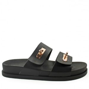 Γυναικείο σανδάλι σε μαύρο χρώμα με διπλή φάσα και χρυσά μεταλλικά διακοσμητικά - Image 4